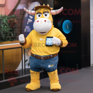 Gold Beef Wellington mascot costume character dressed with a Jeans and Smartwatches