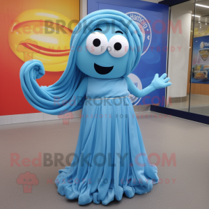 Sky Blue Spaghetti mascot costume character dressed with a Circle Skirt and Scarves