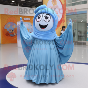 Sky Blue Spaghetti mascot costume character dressed with a Circle Skirt and Scarves