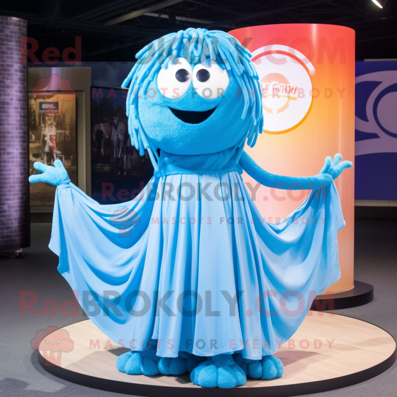 Sky Blue Spaghetti mascot costume character dressed with a Circle Skirt and Scarves