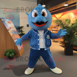 Blue Salmon mascot costume character dressed with a Long Sleeve Tee and Suspenders
