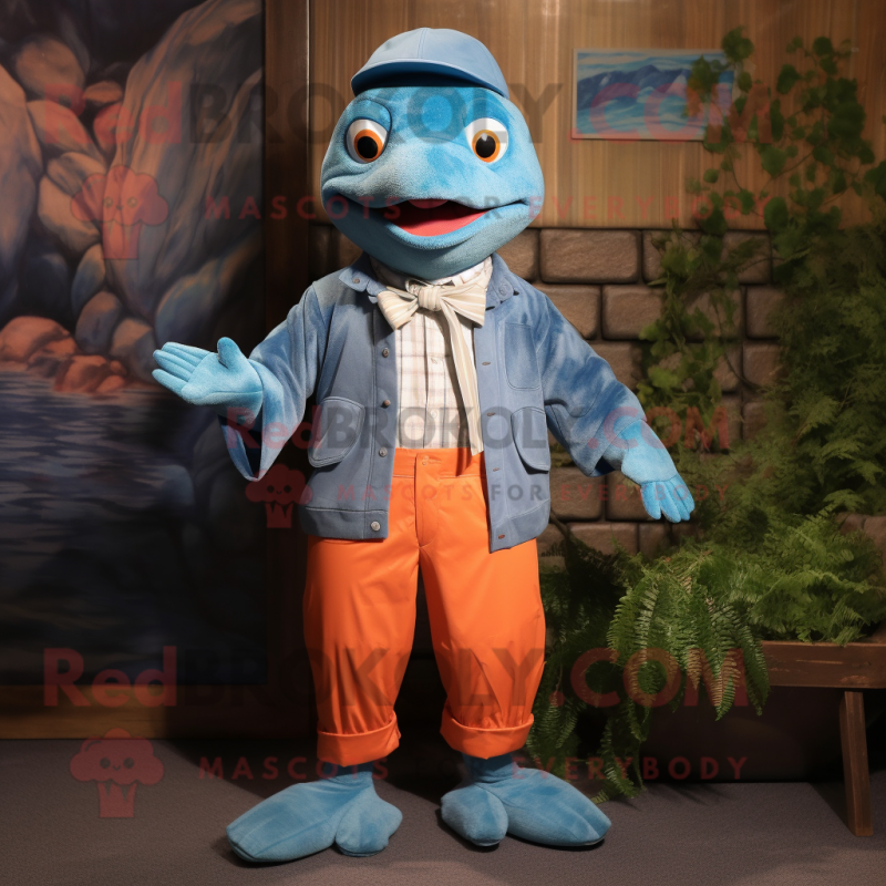 Blue Salmon mascot costume character dressed with a Long Sleeve Tee and Suspenders