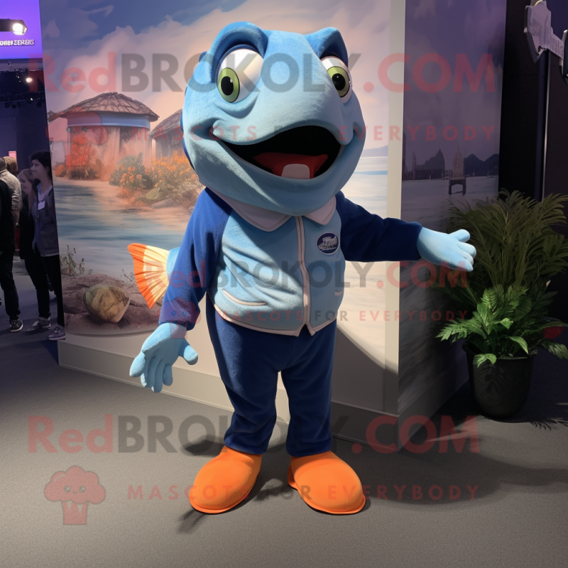 Blue Salmon mascot costume character dressed with a Long Sleeve Tee and Suspenders Blue Salmon mascot costume character dressed with a Long Sleeve Tee and Suspenders