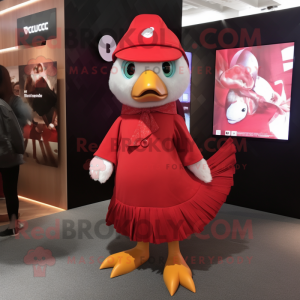 Red Gosling mascot costume character dressed with a Wrap Dress and Caps