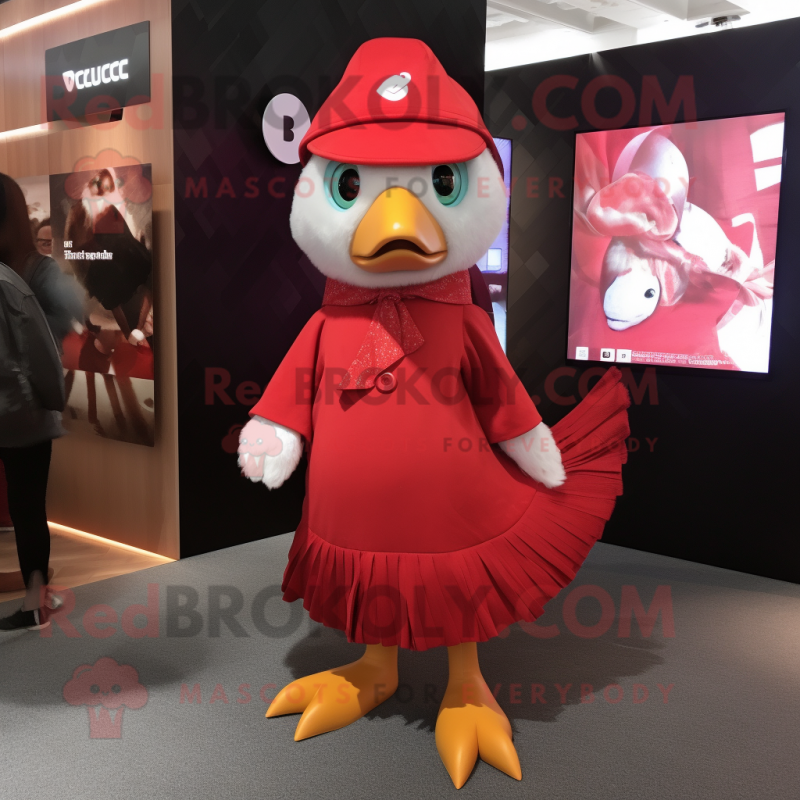 Red Gosling mascot costume character dressed with a Wrap Dress and Caps Red Gosling mascot costume character dressed with a Wrap Dress and Caps