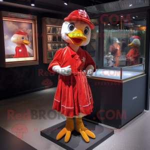 Red Gosling mascot costume character dressed with a Wrap Dress and Caps