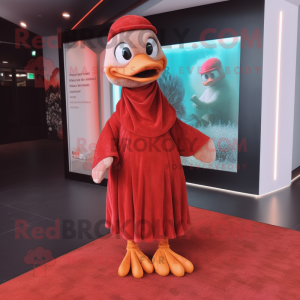 Red Gosling mascot costume character dressed with a Wrap Dress and Caps