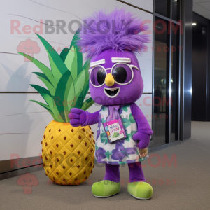 Lavender Pineapple mascot costume character dressed with a Bermuda Shorts and Clutch bags