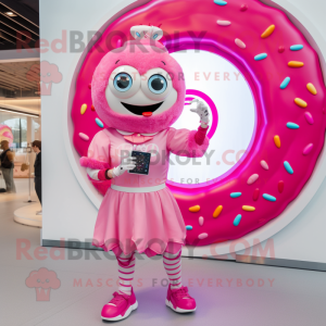 Pink Donut mascot costume character dressed with a Maxi Skirt and Smartwatches