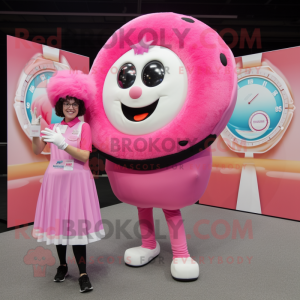 Pink Donut mascot costume character dressed with a Maxi Skirt and Smartwatches