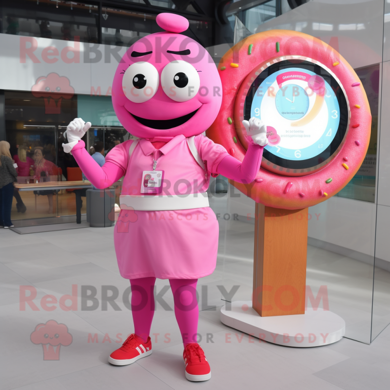 Pink Donut mascot costume character dressed with a Maxi Skirt and Smartwatches