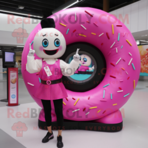 Pink Donut mascot costume character dressed with a Maxi Skirt and Smartwatches