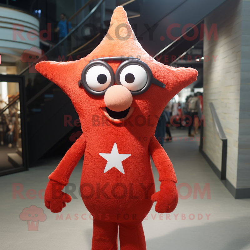 Red Starfish mascot costume character dressed with a Henley Shirt and Eyeglasses Red Starfish mascot costume character dressed with a Henley Shirt and Eyeglasses