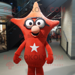 Red Starfish mascot costume character dressed with a Henley Shirt and Eyeglasses