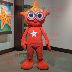 Red Starfish mascot costume character dressed with a Henley Shirt and Eyeglasses