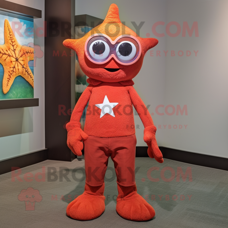 Red Starfish mascot costume character dressed with a Henley Shirt and Eyeglasses