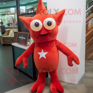 Red Starfish mascot costume character dressed with a Henley Shirt and Eyeglasses