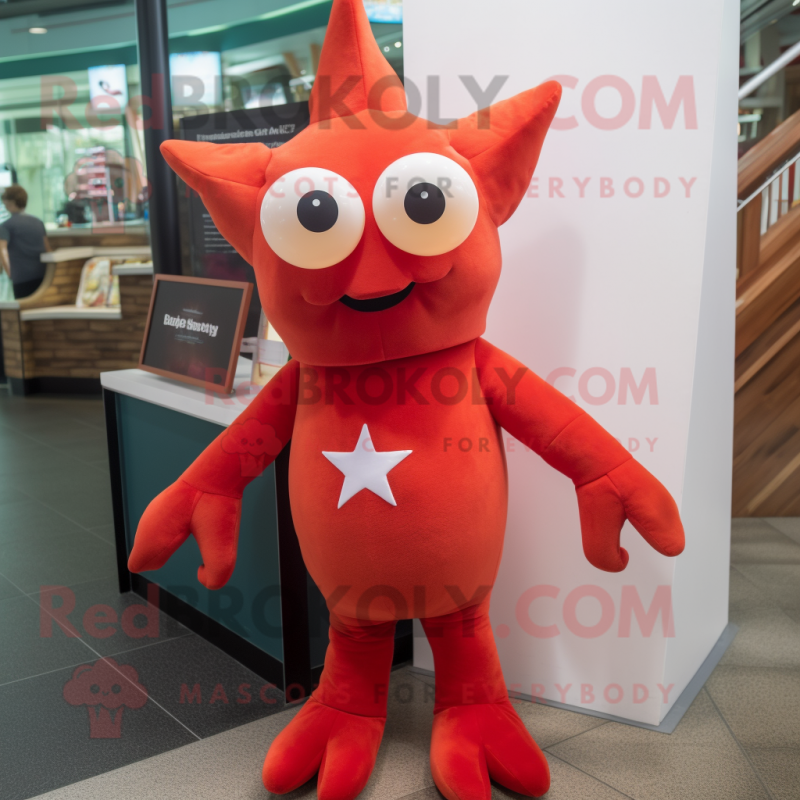 Red Starfish mascot costume character dressed with a Henley Shirt and Eyeglasses Red Starfish mascot costume character dressed with a Henley Shirt and Eyeglasses