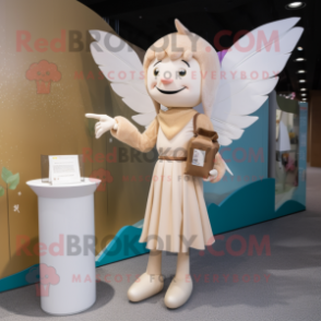Beige Tooth Fairy mascot costume character dressed with a V-Neck Tee and Clutch bags