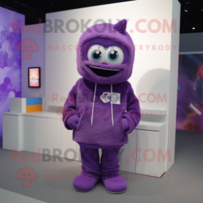 Purple Pendant mascot costume character dressed with a Sweatshirt and Cummerbunds