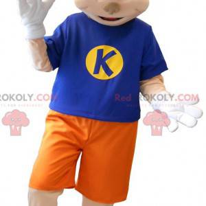 Brown and pink monkey mascot dressed in a colorful outfit -