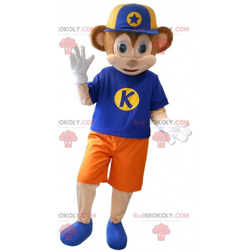 Brown and pink monkey mascot dressed in a colorful outfit -
