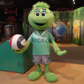 Green Volleyball Ball mascot costume character dressed with a Chambray Shirt and Necklaces