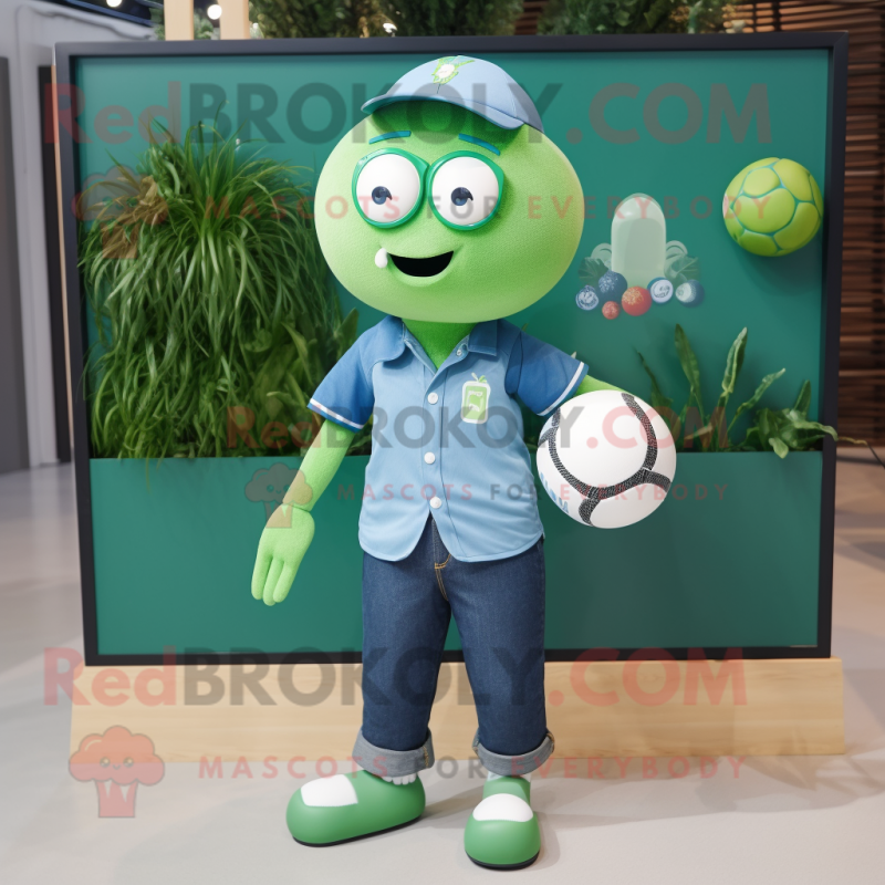 Green Volleyball Ball mascot costume character dressed with a Chambray Shirt and Necklaces