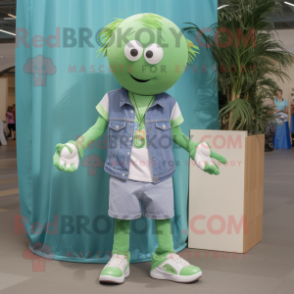 Green Volleyball Ball mascot costume character dressed with a Chambray Shirt and Necklaces