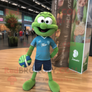 Green Volleyball Ball mascot costume character dressed with a Chambray Shirt and Necklaces