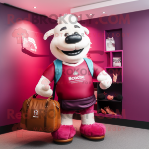 Magenta Scented Candle mascot costume character dressed with a Rugby Shirt and Briefcases
