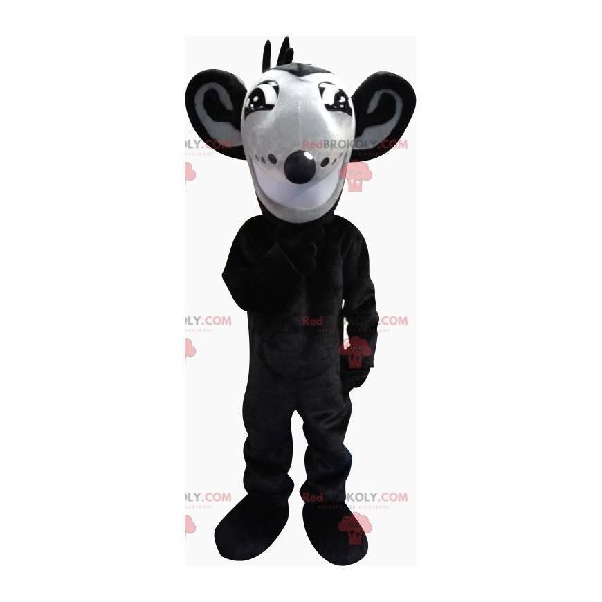 Mascote de rato cinza e preto com orelhas grandes -