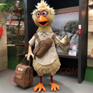 Tan Hens mascot costume character dressed with a Sheath Dress and Messenger bags