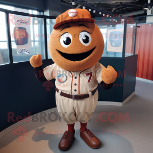 Rust Baseball Ball mascot costume character dressed with a Sweater and Suspenders