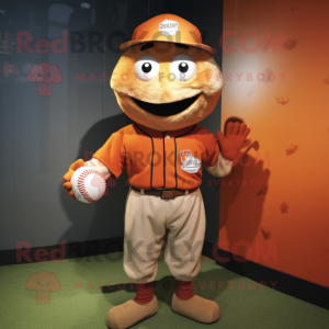 Rust Baseball Ball mascot costume character dressed with a Sweater and Suspenders