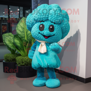 Turquoise Cauliflower mascot costume character dressed with a Blouse and Beanies