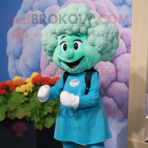 Turquoise Cauliflower mascot costume character dressed with a Blouse and Beanies