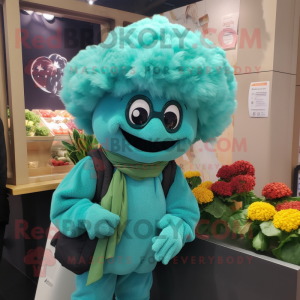 Turquoise Cauliflower mascot costume character dressed with a Blouse and Beanies