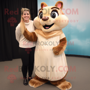 Cream Chipmunk mascot costume character dressed with a Wrap Dress and Earrings