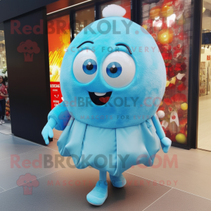 Sky Blue Shakshuka mascot costume character dressed with a Mini Skirt and Clutch bags
