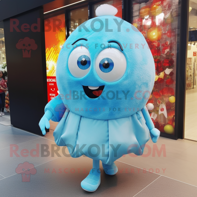 Sky Blue Shakshuka mascot costume character dressed with a Mini Skirt and Clutch bags Sky Blue Shakshuka mascot costume character dressed with a Mini Skirt and Clutch bags