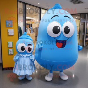 Sky Blue Shakshuka mascot costume character dressed with a Mini Skirt and Clutch bags