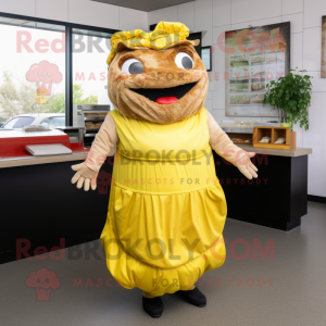 Yellow Pulled Pork Sandwich mascot costume character dressed with a Maxi Dress and Gloves