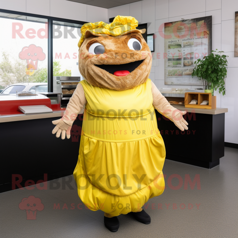 Yellow Pulled Pork Sandwich mascot costume character dressed with a Maxi Dress and Gloves