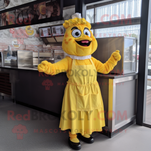 Yellow Pulled Pork Sandwich mascot costume character dressed with a Maxi Dress and Gloves