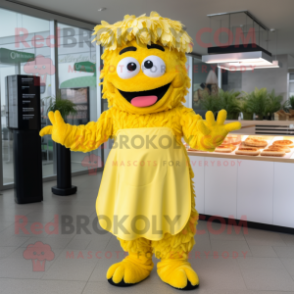 Yellow Pulled Pork Sandwich mascot costume character dressed with a Maxi Dress and Gloves