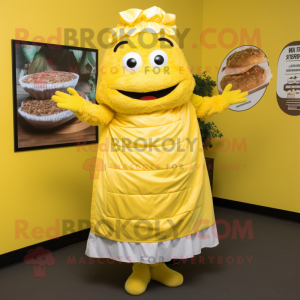 Yellow Pulled Pork Sandwich mascot costume character dressed with a Maxi Dress and Gloves