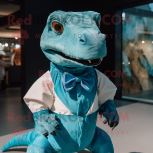 Turquoise Komodo Dragon mascot costume character dressed with a Blouse and Bow ties