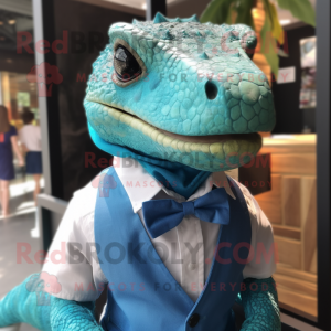 Turquoise Komodo Dragon mascot costume character dressed with a Blouse and Bow ties