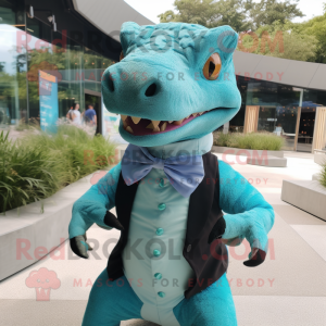 Turquoise Komodo Dragon mascot costume character dressed with a Blouse and Bow ties